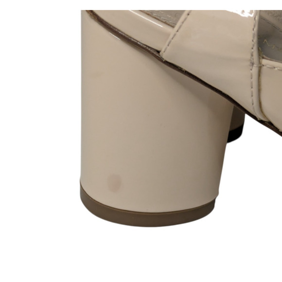 Stuart Weitzman Shape Cashew Gloss Patent Leather Halo Strap Heels Size 7 Block - Picture 11 of 15